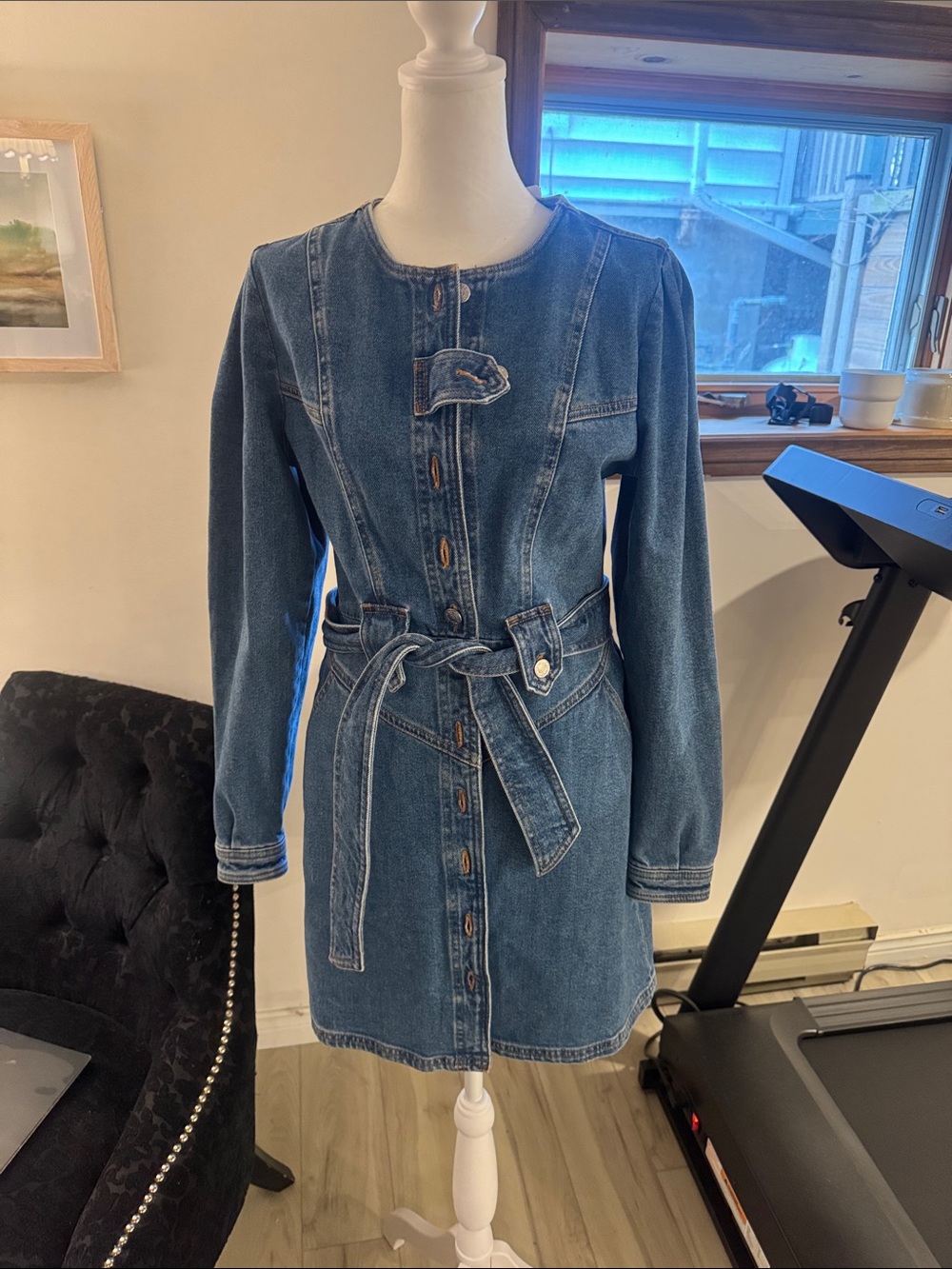 Sezane Midnight Blue Denim Belted Shirt Dress